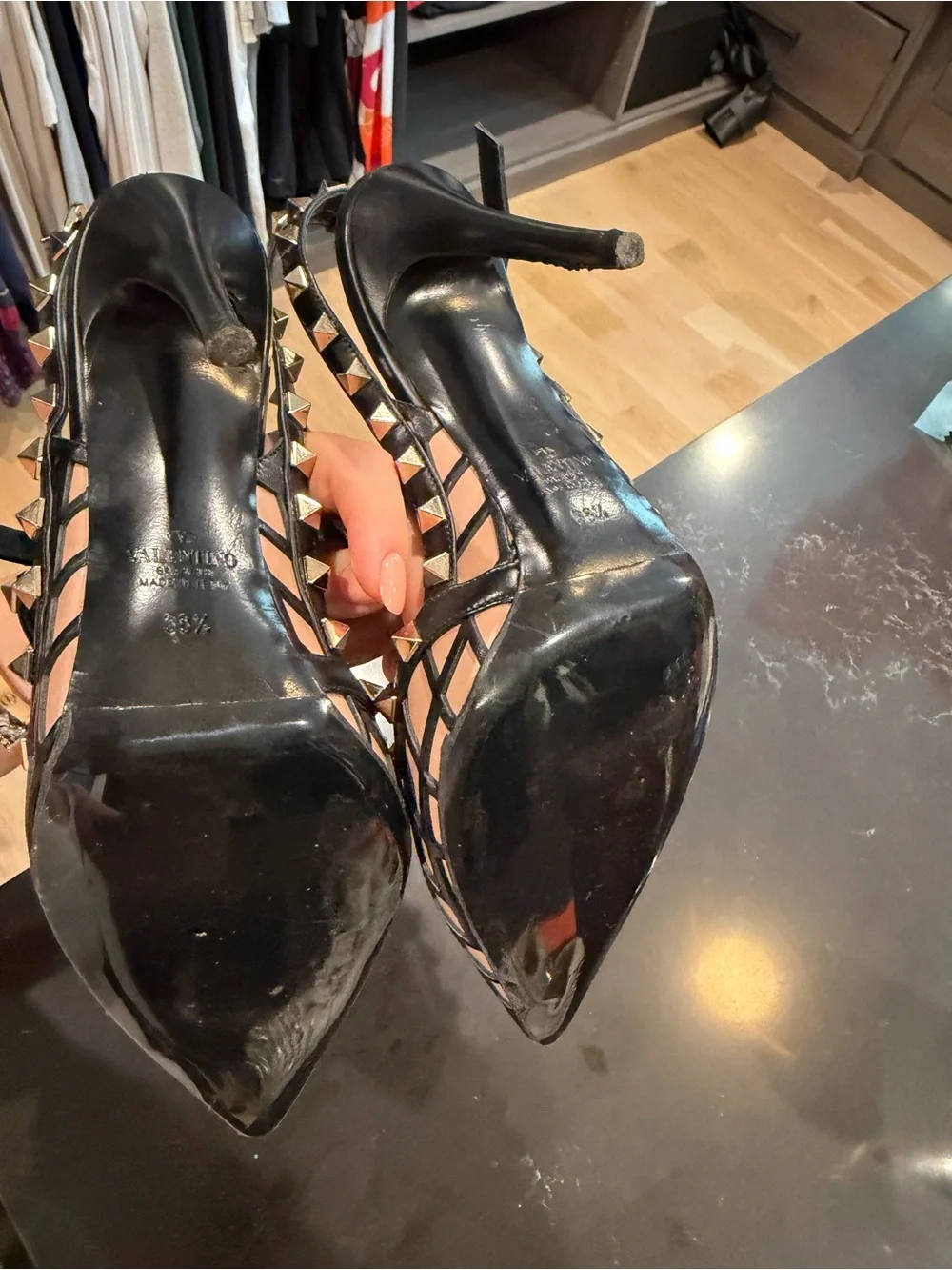 Valentino Black Cage Pointed Pump with Nude Underlay and Gold Studs